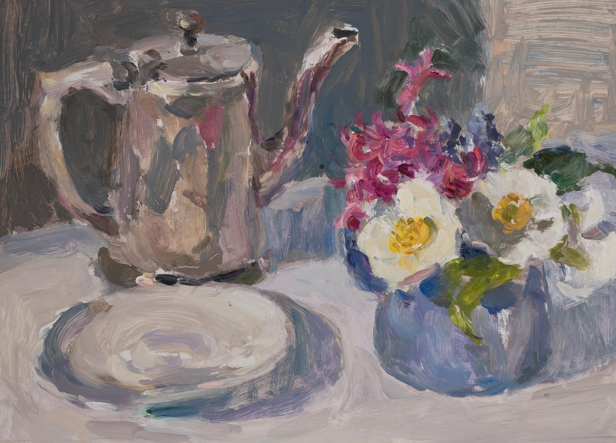 Coffee Pot and Camellias