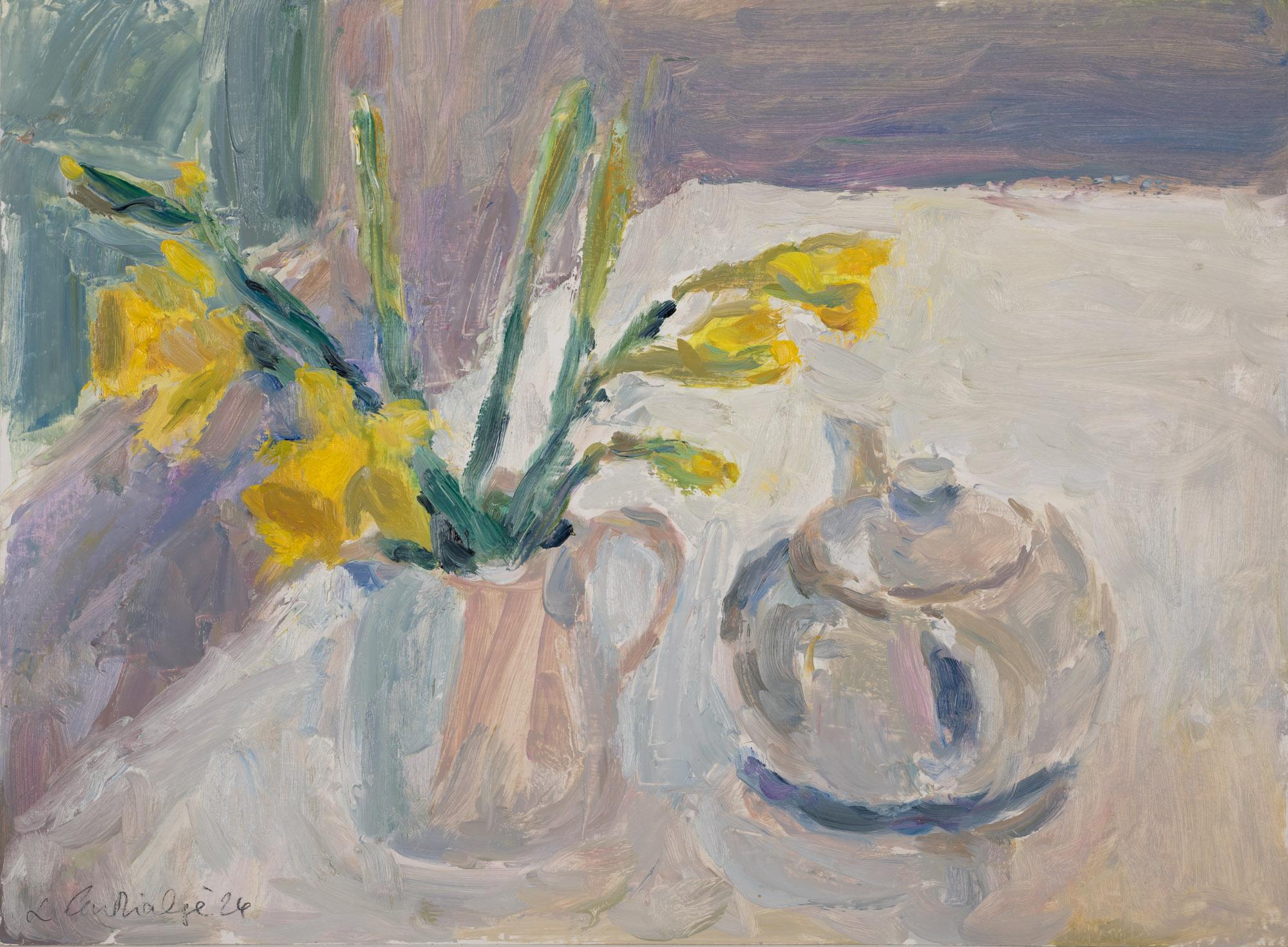 Teapot and Daffodils at Twilight