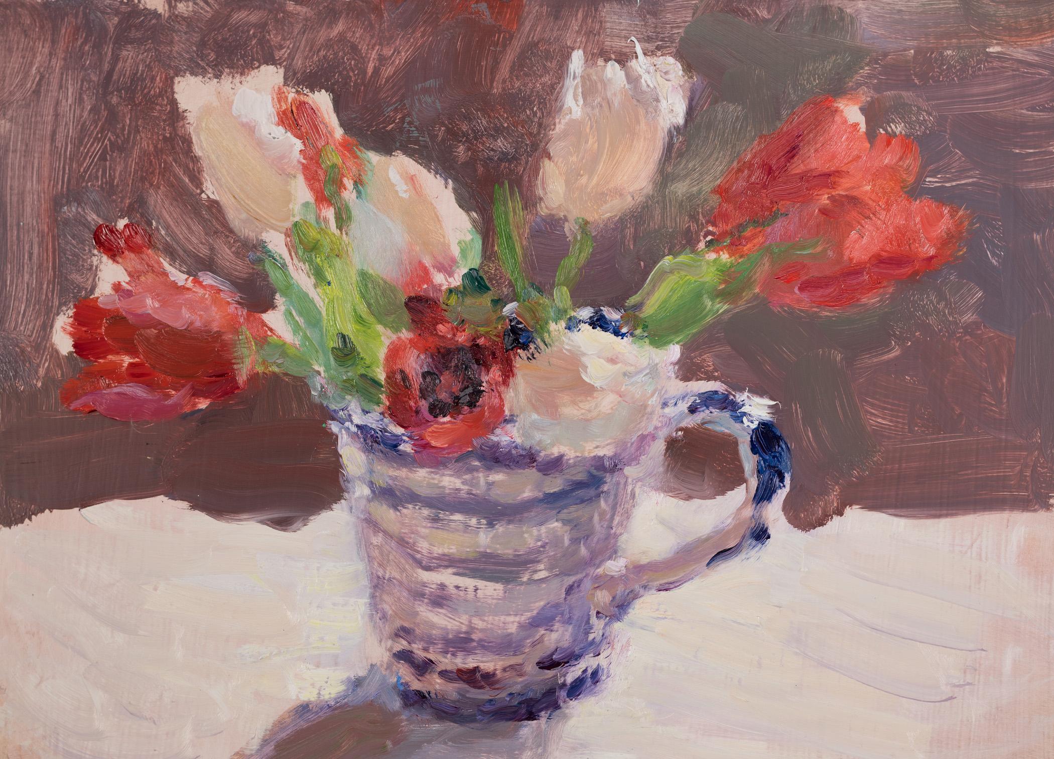 Tulips in a Striped Mug