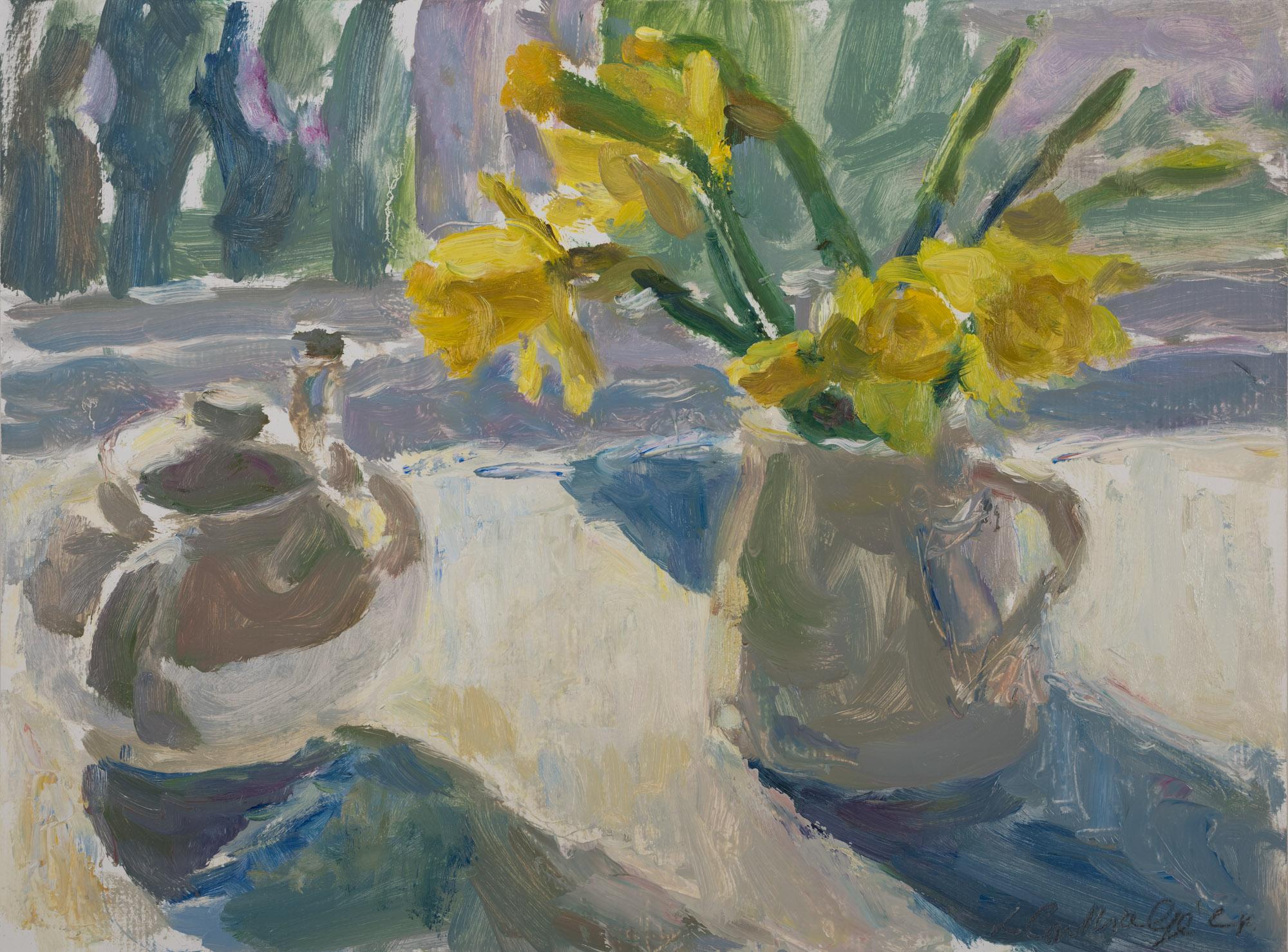 Teapot and Daffodils in Sunlight