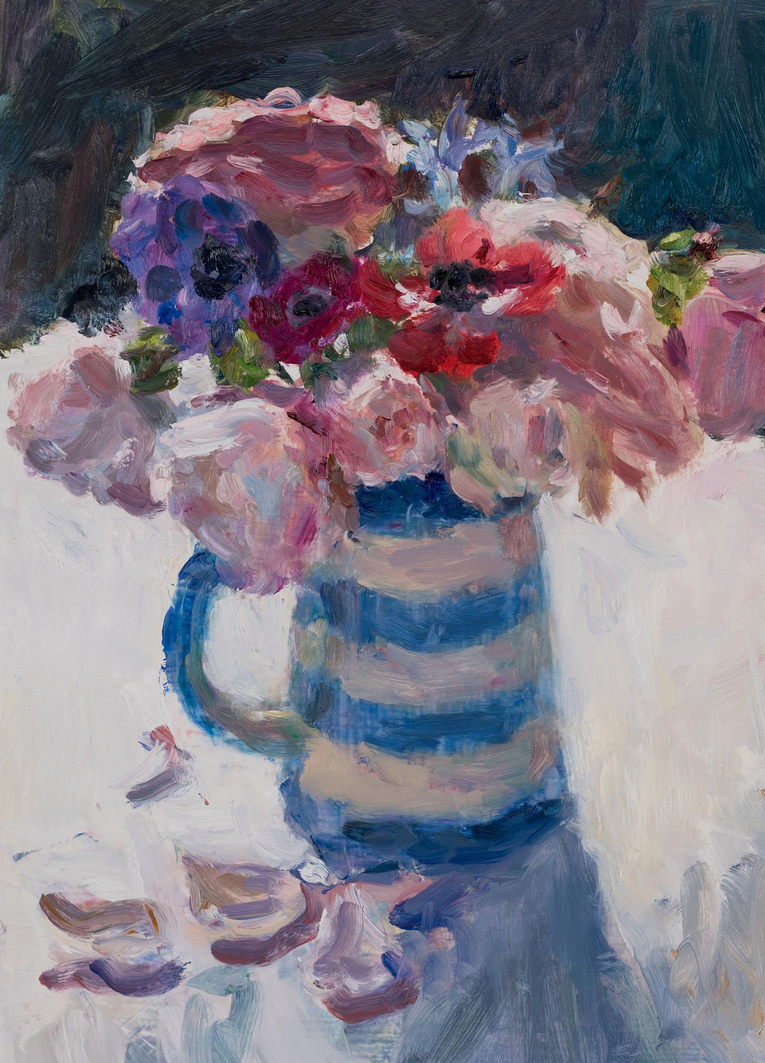 Roses and Anemones in Striped Jug
